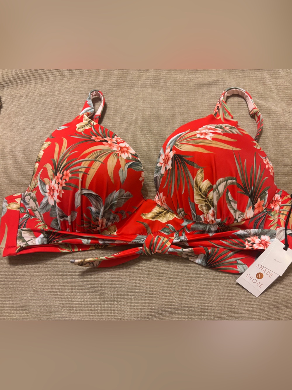 Red Tropical Floral Underwire Bikini Top with molded cups and Tie Front.